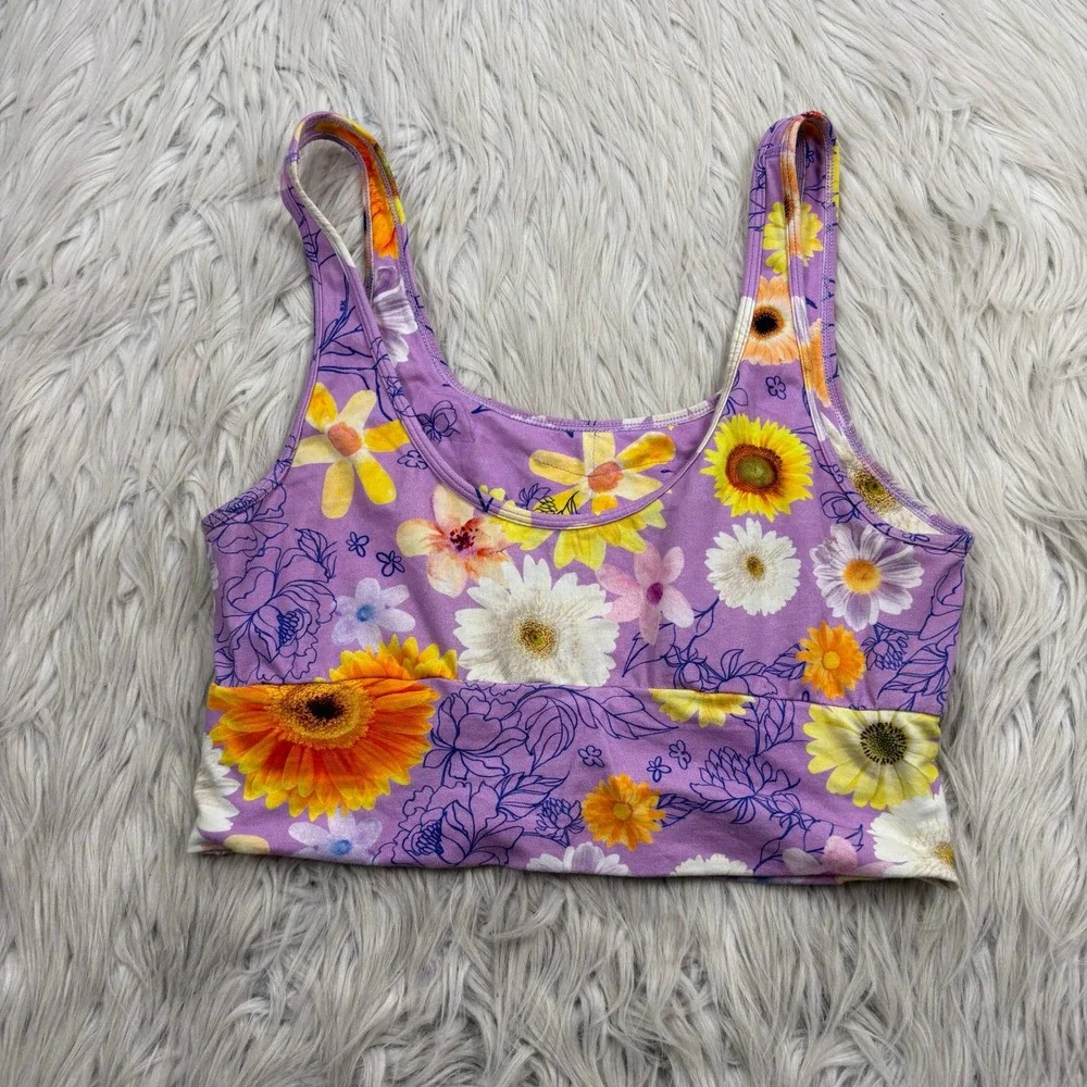 TomboyX Women's M Purple Floral Daisy Print Pullover Bra Bralette Lounge Comfort